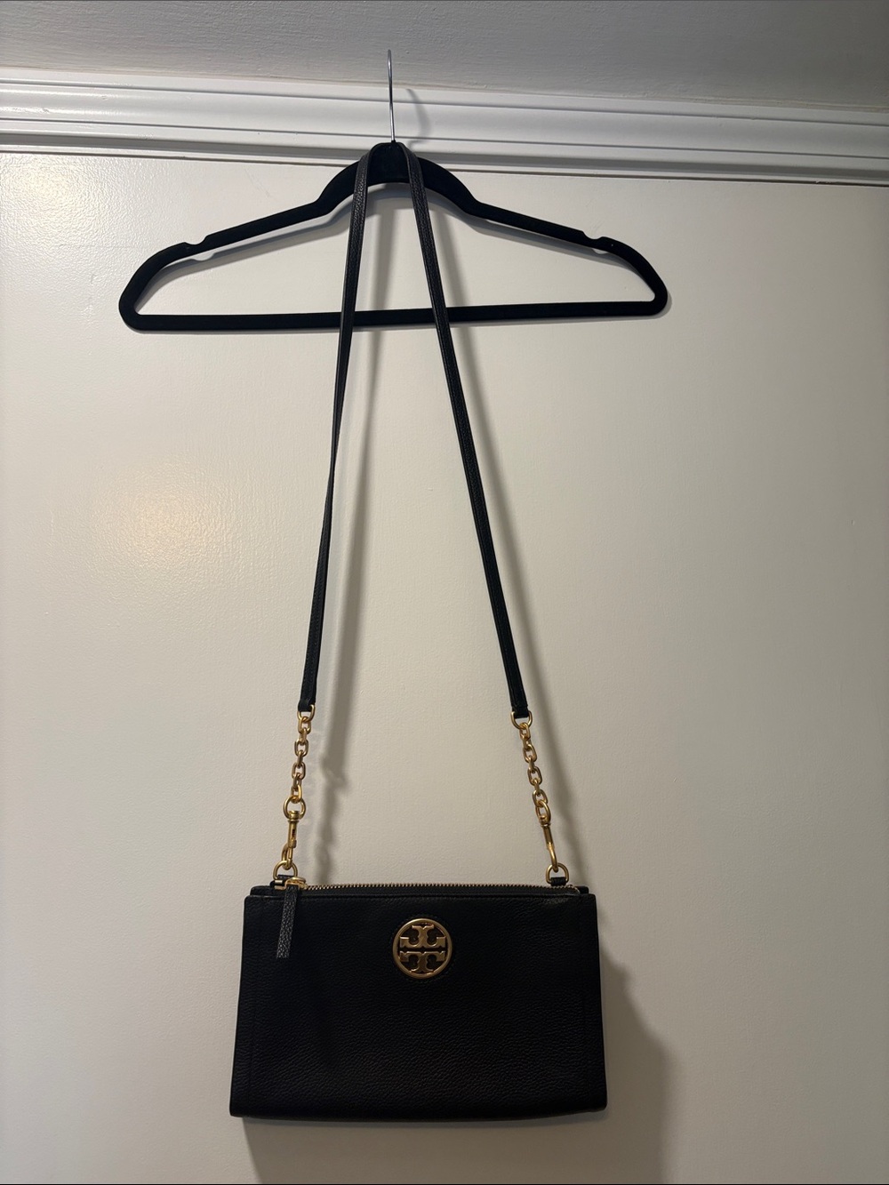 Tory Burch Black Leather Crossbody with Gold Logo Chain